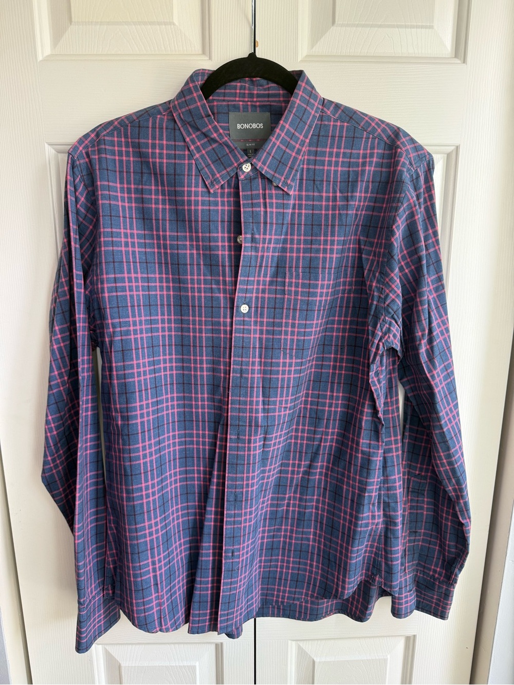 Bonobos Men’s Navy & Pink Plaid Button-Down Shirt Slim Fit